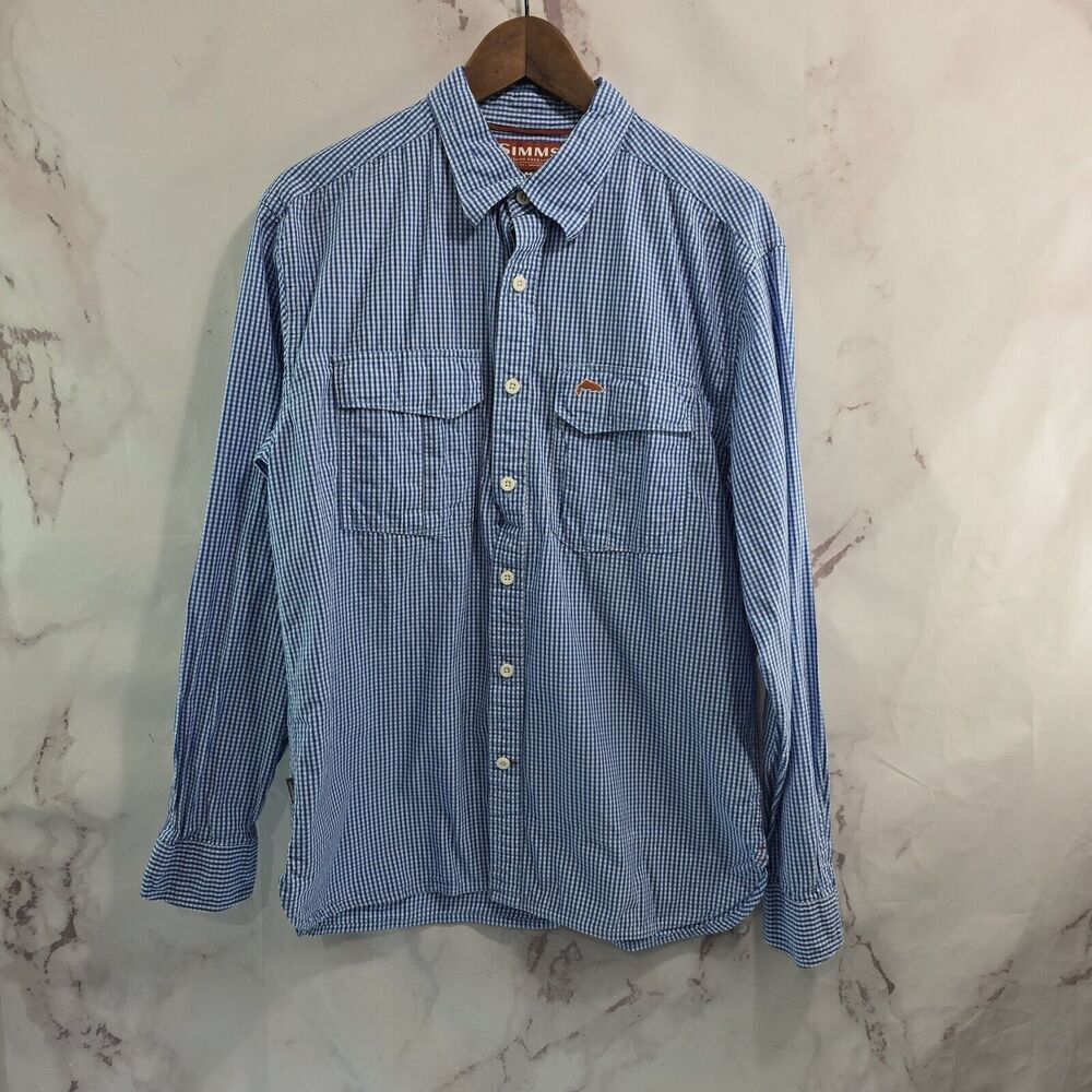 Simms Shirt Mens Medium Blue White Plaid Button Up Long Sleeve Gingham Cotton